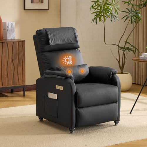 Bonnlo Relaxsessel, Fernsehsessel, Elektrisch Massagesessel mit Liegefunktion, TV Sessel, 2-Punkt-Massage & Wärmefunktion, USB-C & USB-A Anschlüsse, 1 Seitentasche (Kratzfestes Leder, Schwarz)