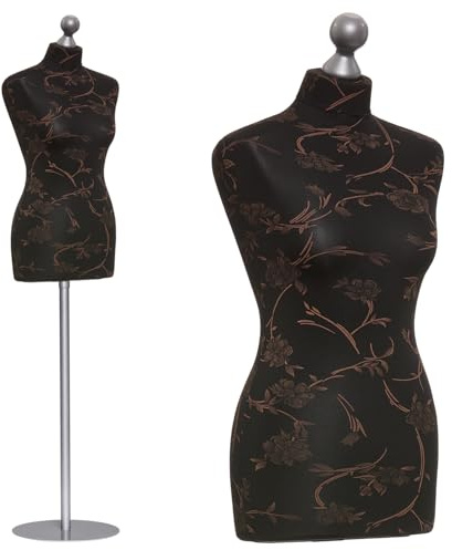 DummyDoll Schneiderpuppe weiblich Größe 34/36, Überzug schwarz braune Blumen, Fuß Metallteller + Knauf Silbergrau