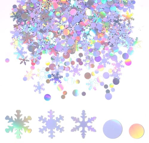 30g Holografisch Schneeflocken-Konfetti, Irisierend Schneeflocken und Runder Glitzer Weihnachtstisch-Dekorationen für Winter Wonderland Themenparty-Dekor Hochzeit