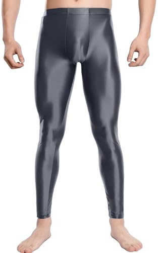 AIEOE Herren Leggings Glänzend Skinny Sportleggings Leicht Durchsichtig Strumpfhose Eng Laufhose Weich Unterhose Tights Stretch Grau Größe XL