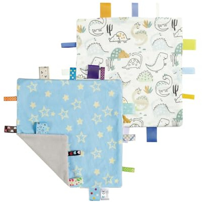 CREVENT Etikett- säkerhetsfiltar för spädbarn, mjuk liten sensorisk gosig filt, fantastiska presenter för födelsedag och babyparty – 24 x 24 cm/10 x 10 blå stjärna + dinosaurie