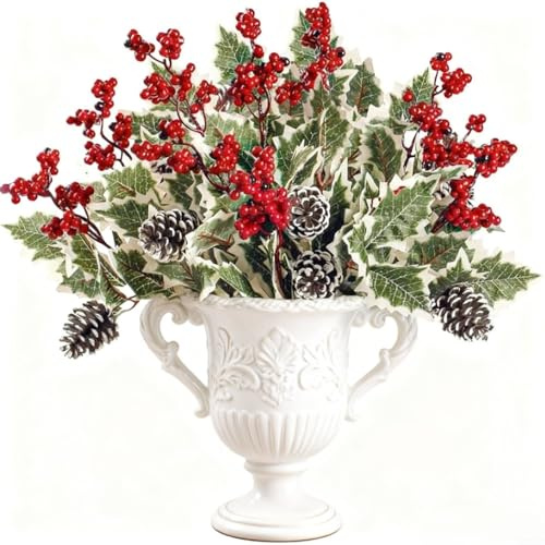 EffiFish Confezione da 6 fiori artificiali di Natale, con bacche di agrifoglio e pigne, steli di fiori finti da 40,6 cm per albero, centrotavola e decorazioni per la casa per le vacanze