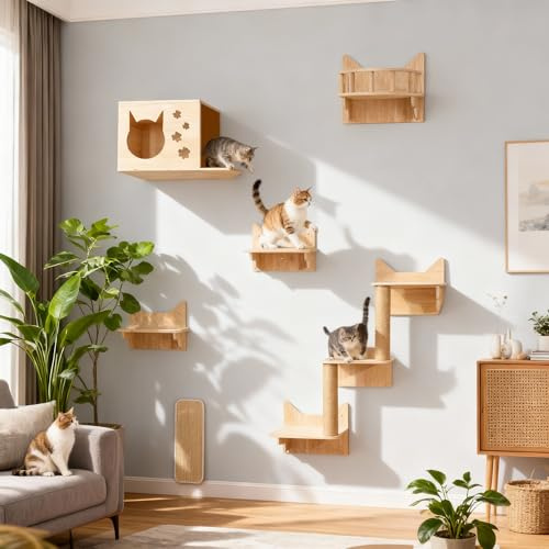 Kletterwand Katzen, 6-teilig Katzen Kletterwand mit Katzenhäusern, bis 15kg | Katzen Wandelemente mit Katzenplattformen, Kletterelement & Kratzfläche, Platzsparende Katzenmöbel für Wohnung, für Katzen