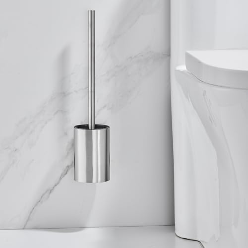 DUFU Escobillas para Baño y WC con Escobillero - Juego de Cepillo de Inodoro, Mango y Soporte de Acero Inoxidable, Incluye 2 Cabezales Suaves y Base Transparente Autoadhesiva (Plata cepillada)