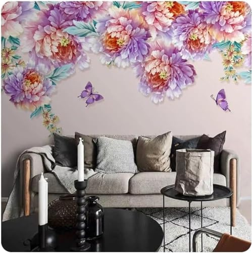 XLMING Élégant Tridimensionnel Violet Fleurs Papillons Papier Peint 3D Soie De Luxe Intissé Bureau Salle à Manger Canapé Chambre Salon TV Mural Décoratif-150cm×105cm
