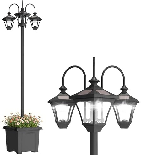 Outsunny Solar Laterne Stehleuchte mit Blumentopf 185cm Höhenverstellbar | Außen Gartenlaterne, 3 Lampenköpfe, Lichtsteuerung Schalter, IP44, Solar Laternen Solarlampen, für Garten Balkon