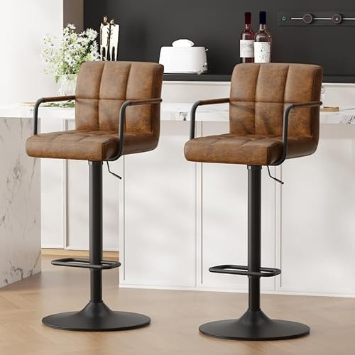 Ckaff Tabouret de Bar Lot de 2, Tabouret de Cuisine Pivotants 360°,Chaise de Bar Réglable en Hauteur en Similicuir avec Repose-Pieds, Dossier et Accoudoirs pour Cuisine, Comptoir, Bar, Marron Jaune