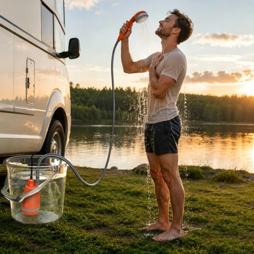 Suusolny Bärbar campingdusch med batteri dränkbar pump, 3 l/min flöde, 2,3 m slang, handdusch och vattenpistol, sugkoppskrok, mobil duschset för camping trädgård hundtvätt biltvätt