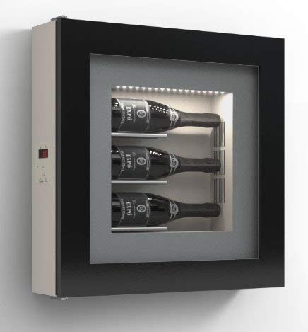 dafnedesign. com – Marco VINO – Expositor separados para tres botellas de horizontal. Estructura de metal. Estructura Puerta de aluminio. Marco de madera/HPL vetrocamera 20 mm. Junta magnético. Panel
