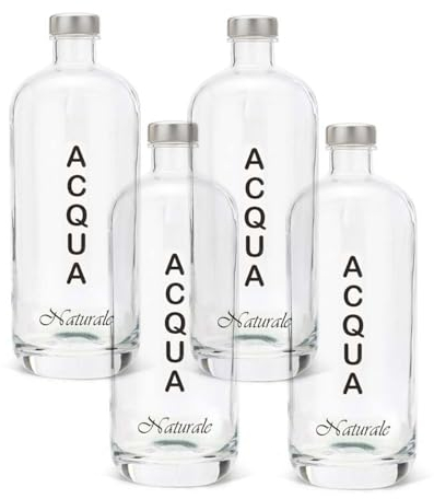 BrandPrint Set di 4 Bottiglie in Vetro per Acqua Modello Artemide 1 Litro con Tappo a Vite in Alluminio. Per Bevande e Succhi (4 Naturali)