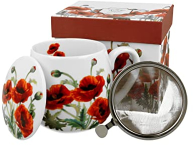 DUO FLORAL Fassbecher 430 ml CLASSIC POPPIES mit Teesieb, New Bone China Porzellan