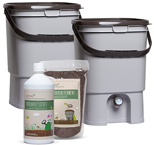 Bokashi Eimer Starterset - Japanisches Design - 2 Eimer (grau) + Bokashi Ferment + EM aktiv + Bokashi Broschüre