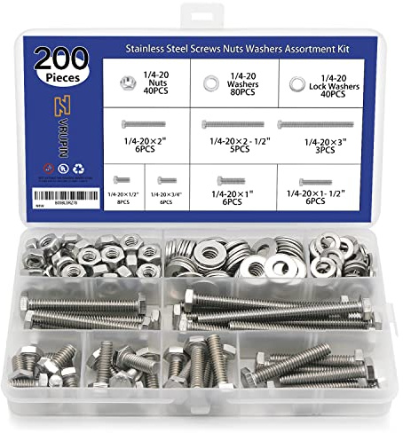 200PCS Nuts and Bolts 1/4-20 x 1/2”, 3/4”, 1”, 1-1/2”, 2”, 2-1/2”, 3” Carbon Steel Hex Bolts and Nuts Assortment Kit Hardware Screws Set (7 Different Sizes)