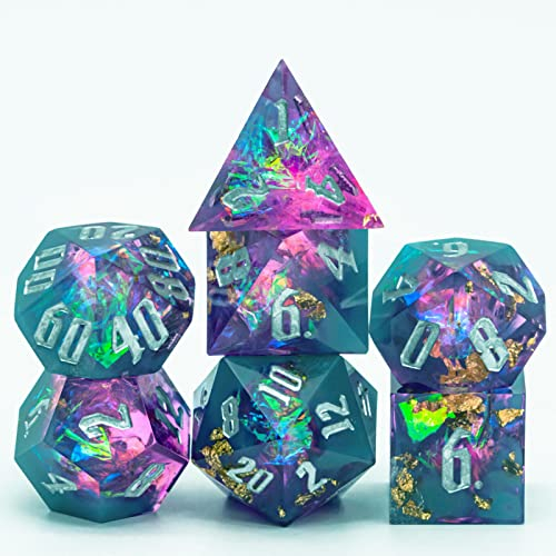 World of Dice - Spacebreaker Serie - handgefertigtes Pen and Paper Würfel Set, 7-teilig, mit Spitzen Kanten und Ecken, für Dungeons and Dragons, Shadowrun, Cthulhu, UVM. (Turquoise Mix)