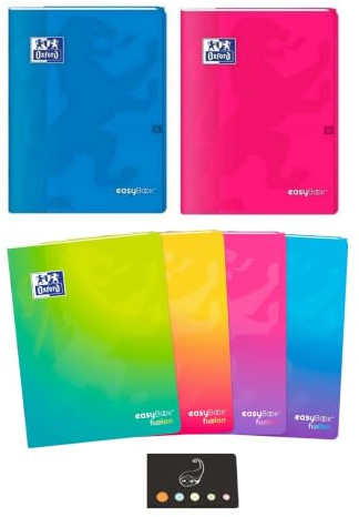 Lot 6 Cahiers EasyBook 24 x 32 cm - 4 Fusion + 1 Rose + 1 Bleu Clair Polypro à Rabats - Grands Carreaux Séyès - 96 Pages + 1 Index Blumie
