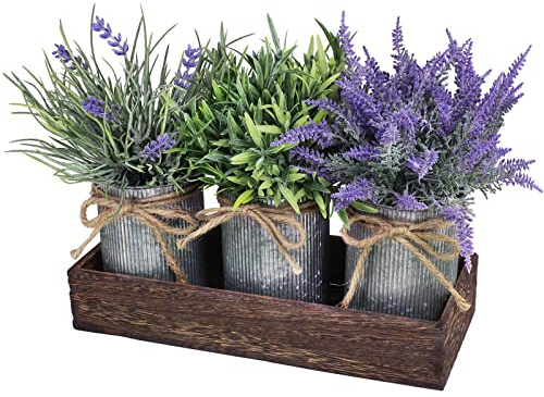 Set of 3 Small Potted Plants Arrangement Artificial Lavender and Grass Plants in Rustic Galvanized Metal Pots with Decorative Wood Tray for Farmhouse Table Centerpiece Windowsill Indoor Greenery Decor