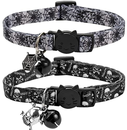 Katzenhalsband Halloween 2er Set Schädel Katzenhalsband für kleine Hunde Urlaub Kätzchen Halsband mit Glöckchen