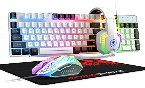 Clavier et souris rétroéclairés à LED arc-en-ciel filaire avec micro, souris de jeu et pad pour PC, Xbox et PS4 (blanc/noir)