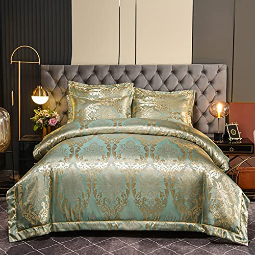 DXHOME Satin Bettwäsche 135x200 2 teilig Jacquard Gold Hellgrün Glatt Glänzend Seide Bettbezug Romantisch Blumenmuster Luxus Bettwäsche Einzelbett mit Reißverschluss und 80x80 cm Kissenbezug