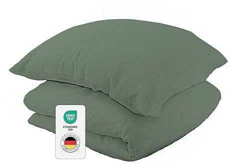 jilda-tex Bio-Bettwäsche Musselin Medina 100% Bio-Baumwolle Knitterlook Bügelfrei Uni Made in Green (Grün, 240x220 + 2X 80x80 cm)