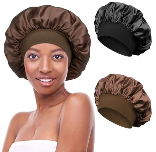 Kiiwah 2 Stück Schlafmütze Satin Bonnet Nacht Schlaf Mütze Verstellbare Schlafkappe Kopfbedeckung Weiche Kopfhaube Schlafhaube Seide mit Gummizug für Damen und Mädchen