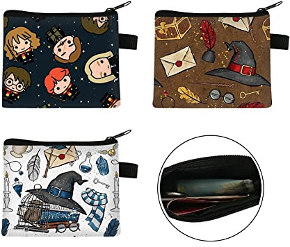 Harry Mini Monedero de Lona, Dibujos Mágicos, Bolso de Monedas Wizard, Lienzo para Tarjetas y Llaves, 3 Piezas