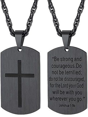 Richsteel Military Plaque Kreuz Halskette Mann Gravierter Anhänger BE STRONG Dog Tag Halskette aus Edelstahl mit Kette Personalisierter Schmuck Geschenk für Männer Jungen Schwarz