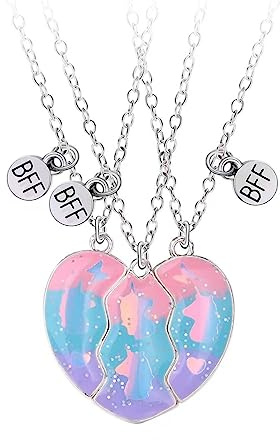 Collares de la Amistad para 3 Niñas, Collar Unicornio Cadena Plata Mujer, BFF Collar Corazon Magnéticos, Collares de Mejores Amigas, Regalo de Joyería de San Valentín de Graduación de Cumpleaños