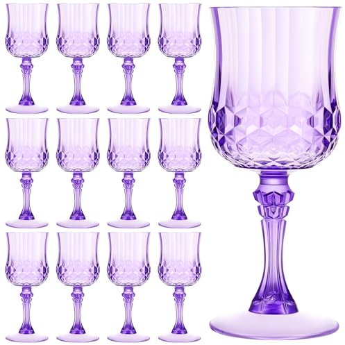 Pinkunn 12 Pcs 7 OZ Plastic Vintage Wine Glasses Reusable Colored Goblets Patterned Drinking Water Glasses Cup Dishwasher Safe for Halloween Wedding Reception Party Supplies (Purple)