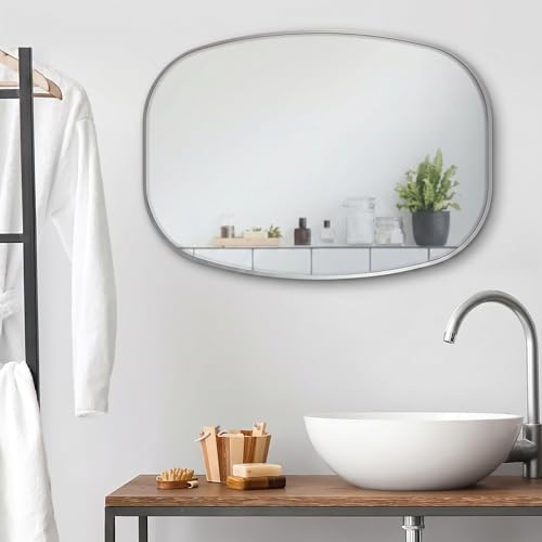 PHOTOLINI Spiegel silberner Rahmen aus Metall, Wandspiegel 50x70 cm oval, dekorativer Spiegel Wand für Flur & Bad, Mirror zum Aufhängen im Querformat, Highlight für jeden Raum