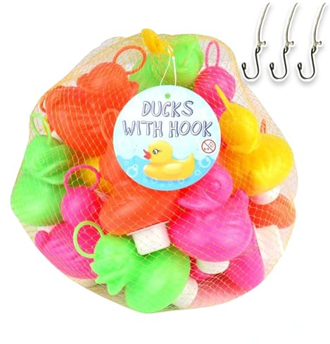 Juego de Pesca de Patos con 20 Patos Multicolor de Plástico con Gancho y Peso Incluye 3 Anzuelos, Juguete de Baño - Juguete Piscina - Pesca Patos Niños y Niñas (Edición Especial)