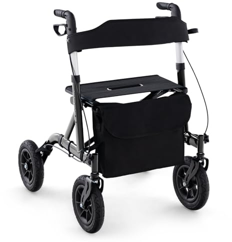 RELAX4LIFE Rollator Faltbar Leichtgewicht, 2 in 1 Rollstuhl Reiserollator, Gehwagen 6-fach Höhenverstellbar, Laufhilfe mit 2 Bremsen Stockhalter Tasche, Aus Aluminium bis 136 kg (Schwarz)