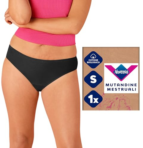 Nuvenia, Mutandine Mestruali in cotone biologico, modello slip brazilian, Lavabili e riutilizzabili con protezione integrata per Giorno e Notte, Flusso Abbondante, Colore Nero, Taglia S, 1 confezione