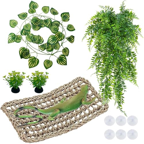 Yoolhamy Bearded Dragon Accessories - Amaca per gechi con serbatoio per rettili, terrario da appendere, foglie artificiali per lucertole camaleontiche