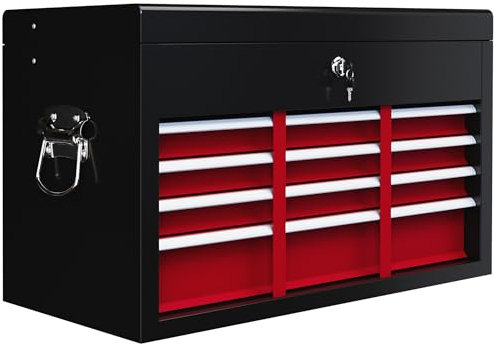 HOMCOM 6 Drawer Tool Chest, Lockable Metal Tool Box with Top Case, Ball Bearing Runners, Portable Toolbox, 600mm x 260mm x 340mm, Red