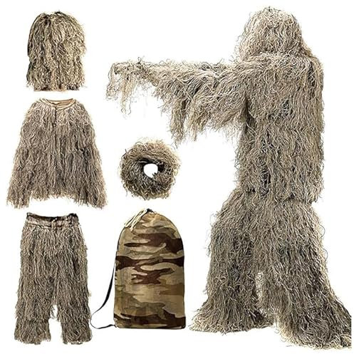 5-Teilige 3D Tarnanzug Camouflage Jagdbekleidung Jagdbekleidung Herren Einschließlich Jacke,Hose,Kapuze,Tragetasche Jagdbekleidung Herren für Outdoor Jagdfotografie,DryGrass-Adults