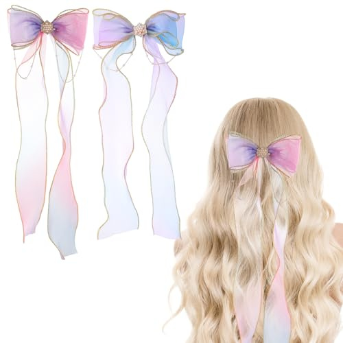 WLLHYF 2 Pcs Hair Bows Colorful Ribbon, Princess Ribbon Pearl Tassels Girls Hair Accessories Embroidery Alligator Clips for Girls Kids Teens Women Princess Wedding Birthday Party