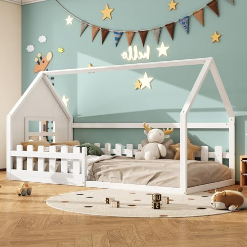TaiEnjoy Kinderbett Bodenbett 90x200, Hausbett für Mädchen & Jungen, Montessori Bett mit Rausfallschutz und Rolllattenrost für Kinderzimmer, Jugendbett Holzbett aus Massivholz Kiefer, Weiß