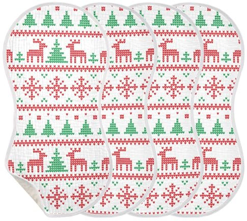 KLL Spucktücher für Babys und Mädchen, 4 Stück, große Baumwolltücher, unisex, weich, saugfähig, bequem, Weihnachts-Rentier, Geschenk, Rot und Grün
