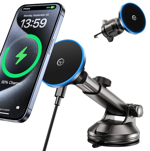 GuMosh Mag-Safe Autohalterung mit LED Licht für Nachtausrichtung Mag-Safe Ladegerät Auto HandyhalTerung Auto mit Ladefunktion Armaturenbrett Vent Windschutzscheibe für i-Phone 17 16 15 14 13 12 Serien