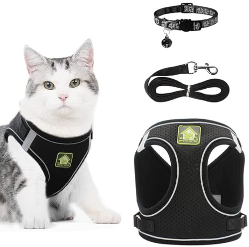 REESTBOO Katzengeschirr mit Leine Ausbruchsicher, Leichtgewicht Katze Brustgeschirr mit Halsbänder & Leinen, Verstellbares Reflektierende Katzengurt für Katzen Kätzchen Welpen, Schwarz (S)