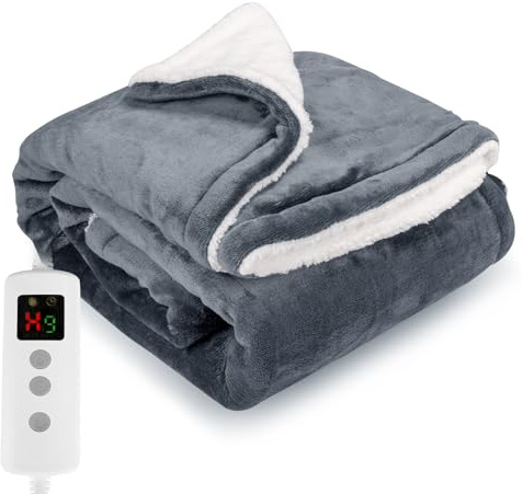 Coperta Riscaldante Elettrica, Coperta Termica 180x130 CM Pile Sherpa in Doppia Flanella, Lavabile in Lavatrice, Timer 9 Ore e 10 Impostazioni Di Calore