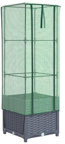 vidaXL Hochbeet mit Gewächshaus-Aufsatz, Pflanzbeet mit Eisenrohr-Rahmen, Gemüsebeet für Garten Terrasse Balkon, Pflanzkasten Frühbeet, Rattan-Optik