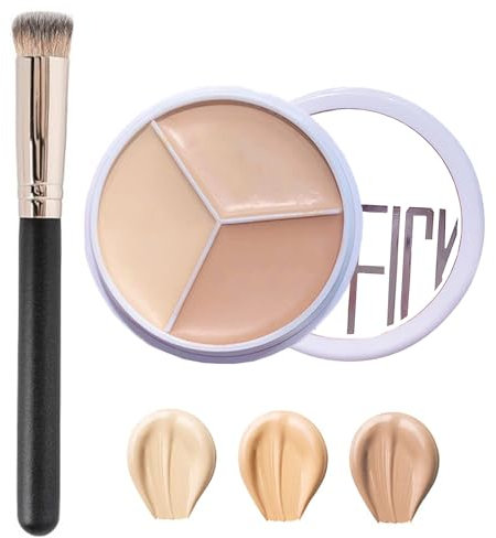 Full Cover Concealer Palette, 3 in 1 Concealer Creme, 3 Farben Concealer Contour mit Brush, Corrects Dark Circles Red Marks & Softens Fine Lines, Highlight Contours, Wasserdicht Langanhaltend