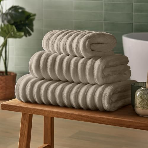 Silentnight Ribbed Cotton Hand Towel - Luxuriously Soft & Super Absorbent Deep Thick Pile Towel - 100% Cotton BCI - Textured Dense Ribbed Hand Towel - 90 x 50cm - Machine Washable, Natural