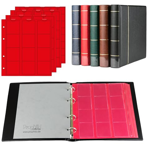 Prophila Collection Münz-Album mit 4 Hüllen (rote Zwischenblätter) für 110 Münzen schwarz