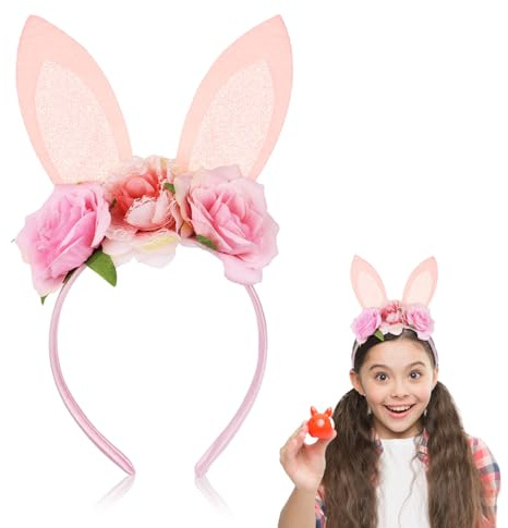 Hasenohren Haarreif Ostern mit Blumen, Stirnband niedliches Haarband modisches Haar Accessoire Kopfschmuck für Frauen und Mädchen Halloween Karneval Cosplay Party Kostüm Kopfband Dekoration (B)