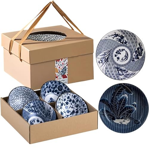 Japanese Style Ceramic Plates and Bowls Set, Rice Bowl with Gift Box Bowls Set Of 6, Porcelain Serving Bowl for Rice, Soup, Dessert, Snack, 10oz/250ml, Soy Sauce Dish 8inch, Dishwasher Safe Sets