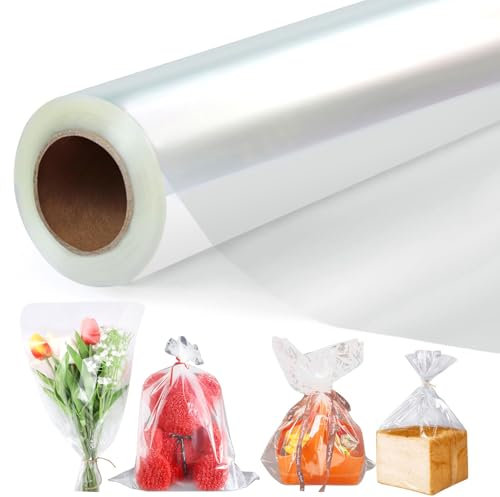GIBOHOM 43 CM x 30 M Klare Cellophanfolie Rolle, 3 Mil Dicke Cellophan Geschenkfolie Transparent für Geschenkkörbe, Klarsichtfolien Packpapier für Blume, Geschenk Baskt Verpackung, Leckereien Wrap