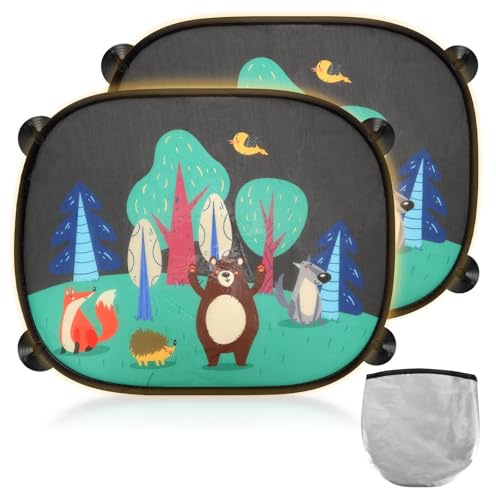 2 Stück Sonnenschutz Auto Baby, 45x35.5cm UV-Schutz Sonnenblende mit 8 Saugnäpfen, Auto Sonnenschutz Baby mit Süßen Tier Motiven (Tiere und Wälder)